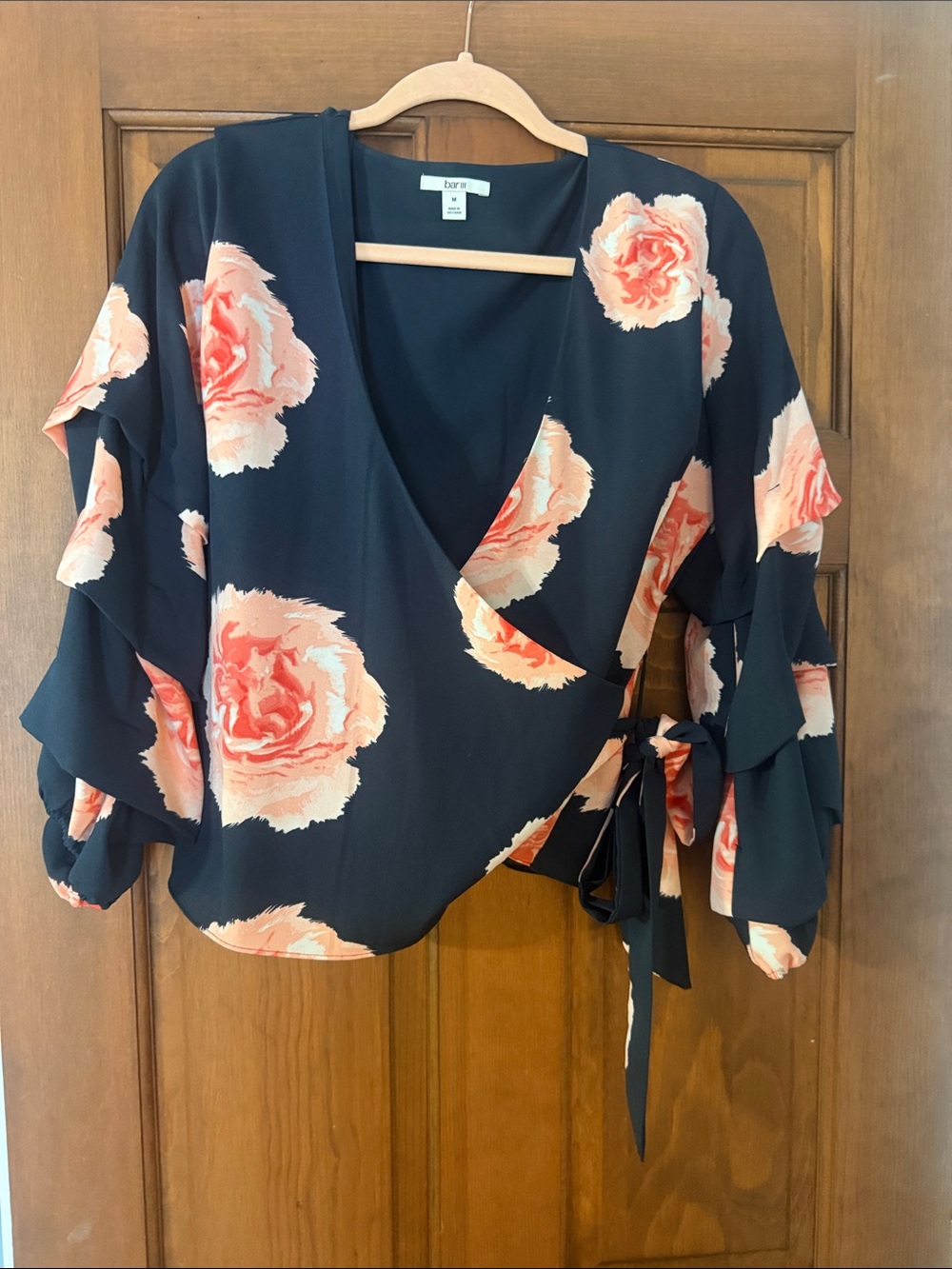 Bar III Navy Wrap Blouse with Coral Floral Print
